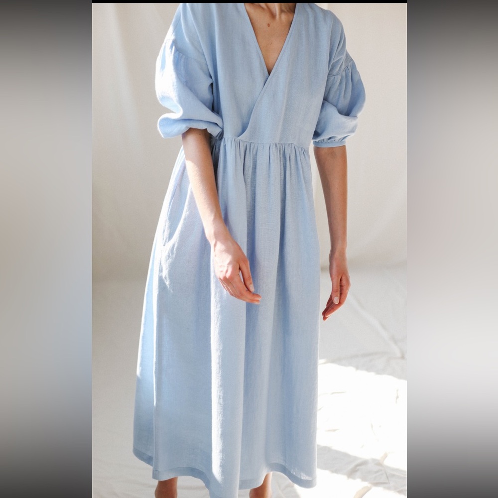 OffOn Clothing Linen V-Neck Puffy sleeve midi dress